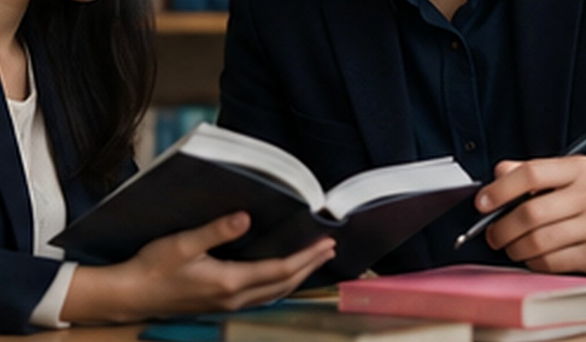 Meja kerja akademik dengan buku dan laptop