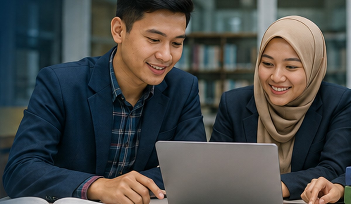 Mahasiswa menelaah bahan penelitian